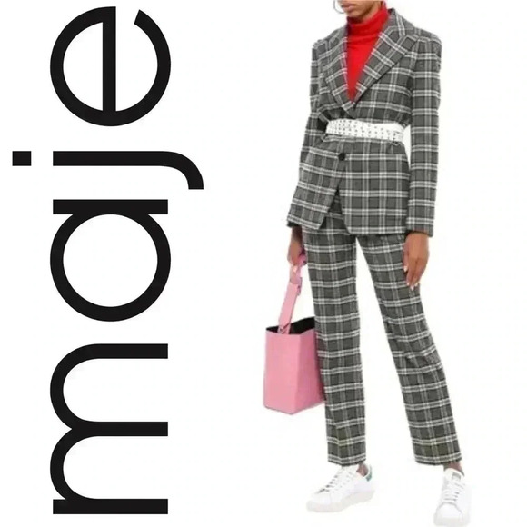 BNWT Maje  Women’s CHECKED TWEED STRAIGHT-LEG PANTS IN GRAY size 8 - Picture 1 of 4